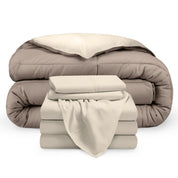 A reversible microfiber comforter and a coordinating sheet set folded and stacked