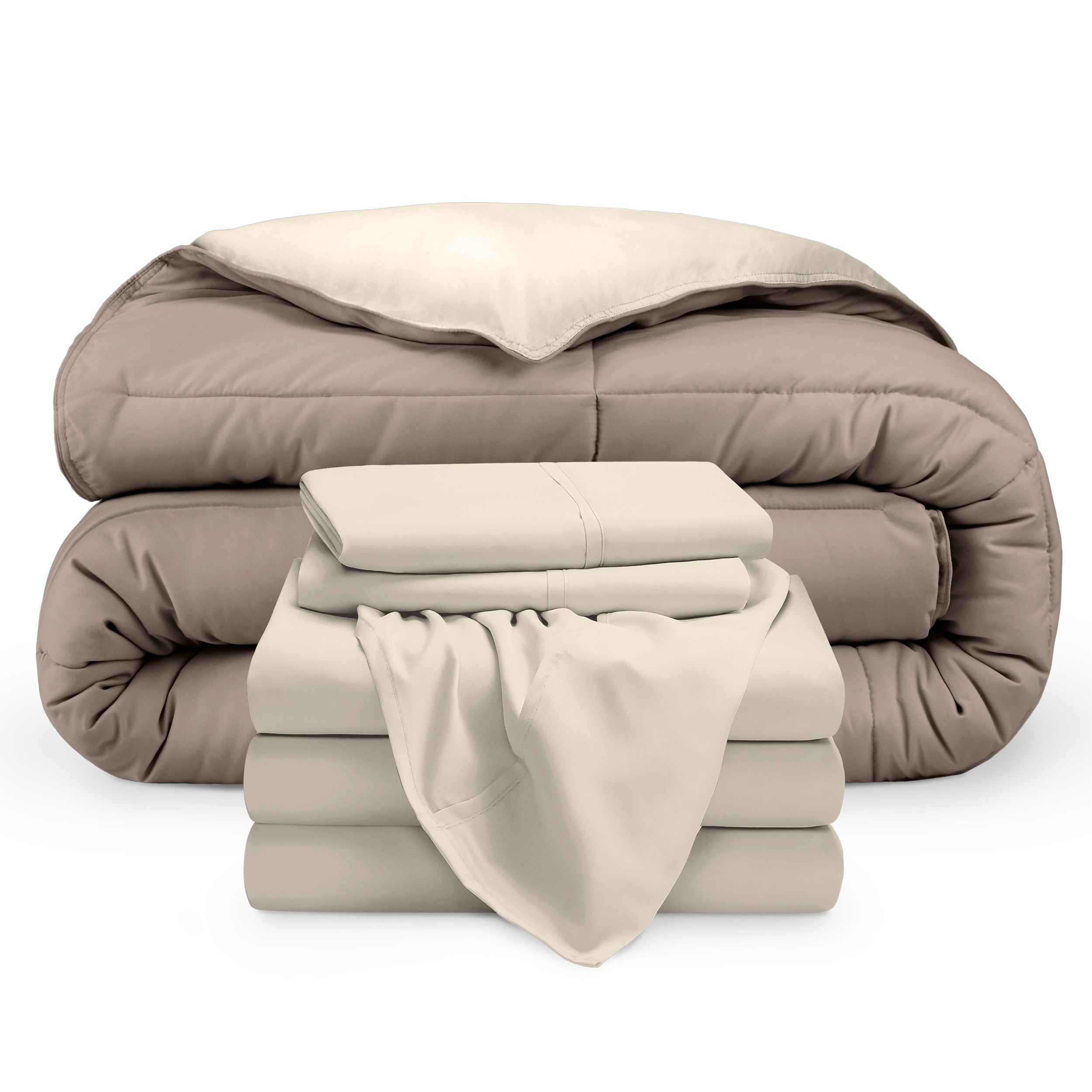 A reversible microfiber comforter and a coordinating sheet set folded and stacked