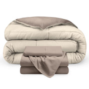 A reversible microfiber comforter and a coordinating sheet set folded and stacked 