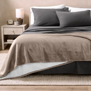 Sherpa Blanket laying on a bed folded over itself part way