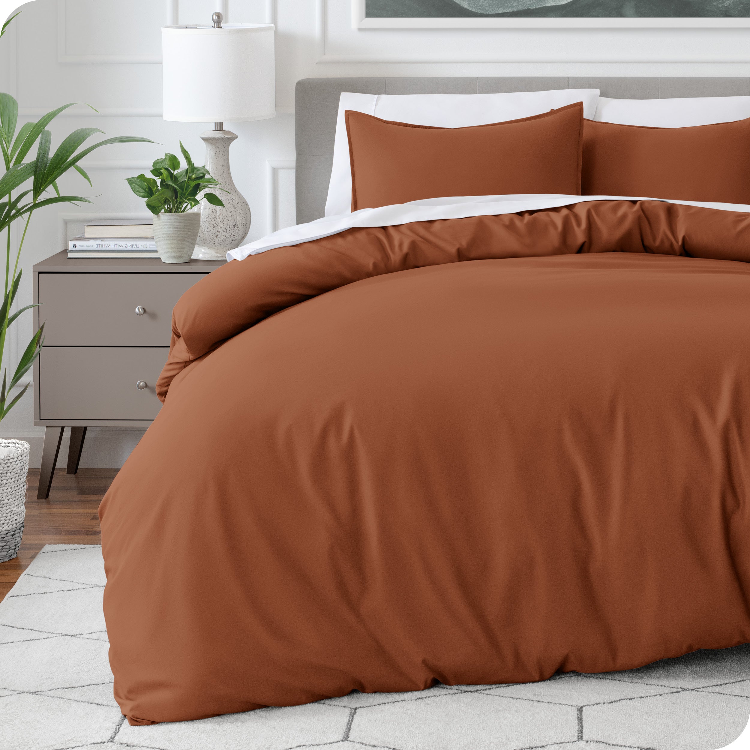 Modern bedroom with a microfiber duvet cover on the bed