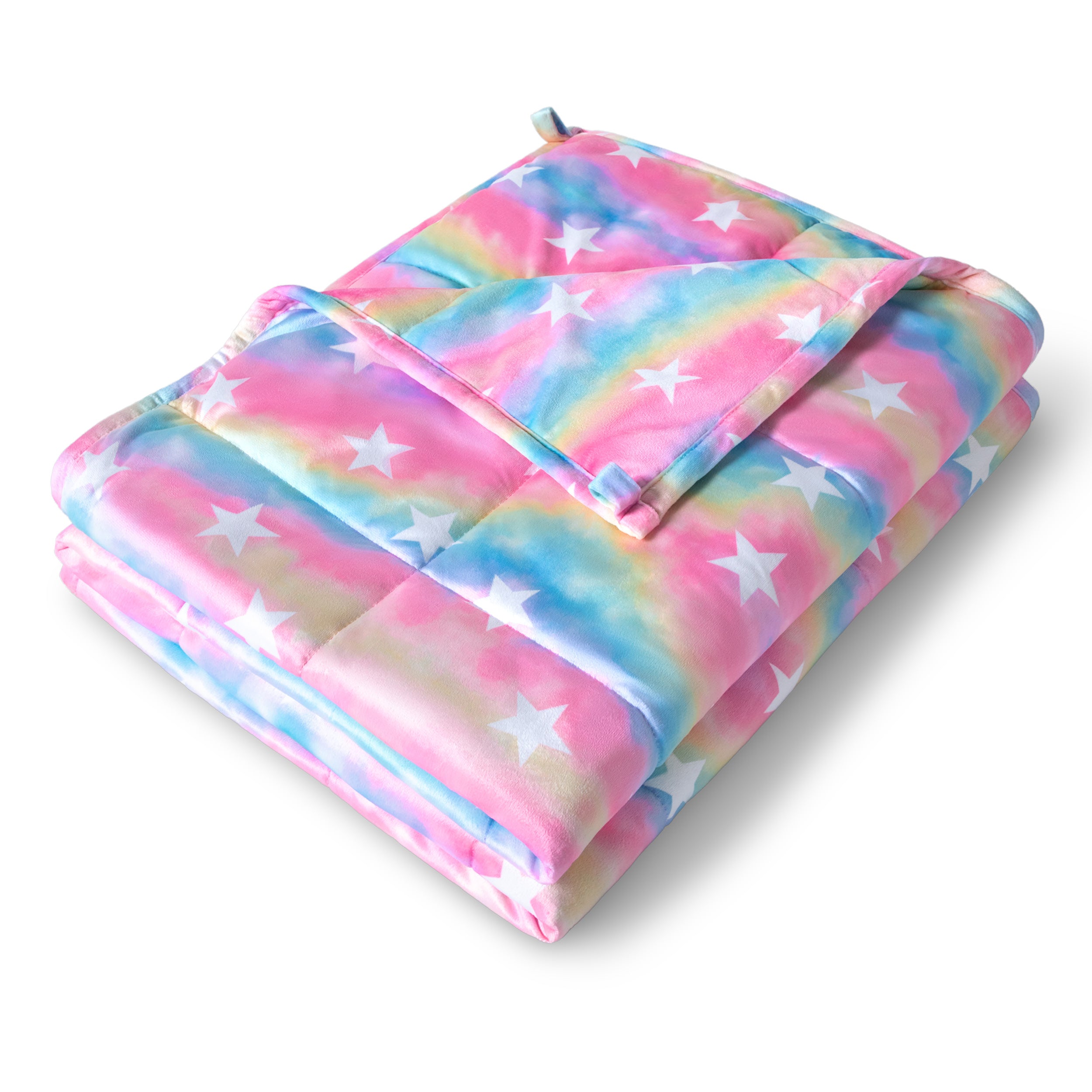 A folded minky fleece weighted blanket with a white background.