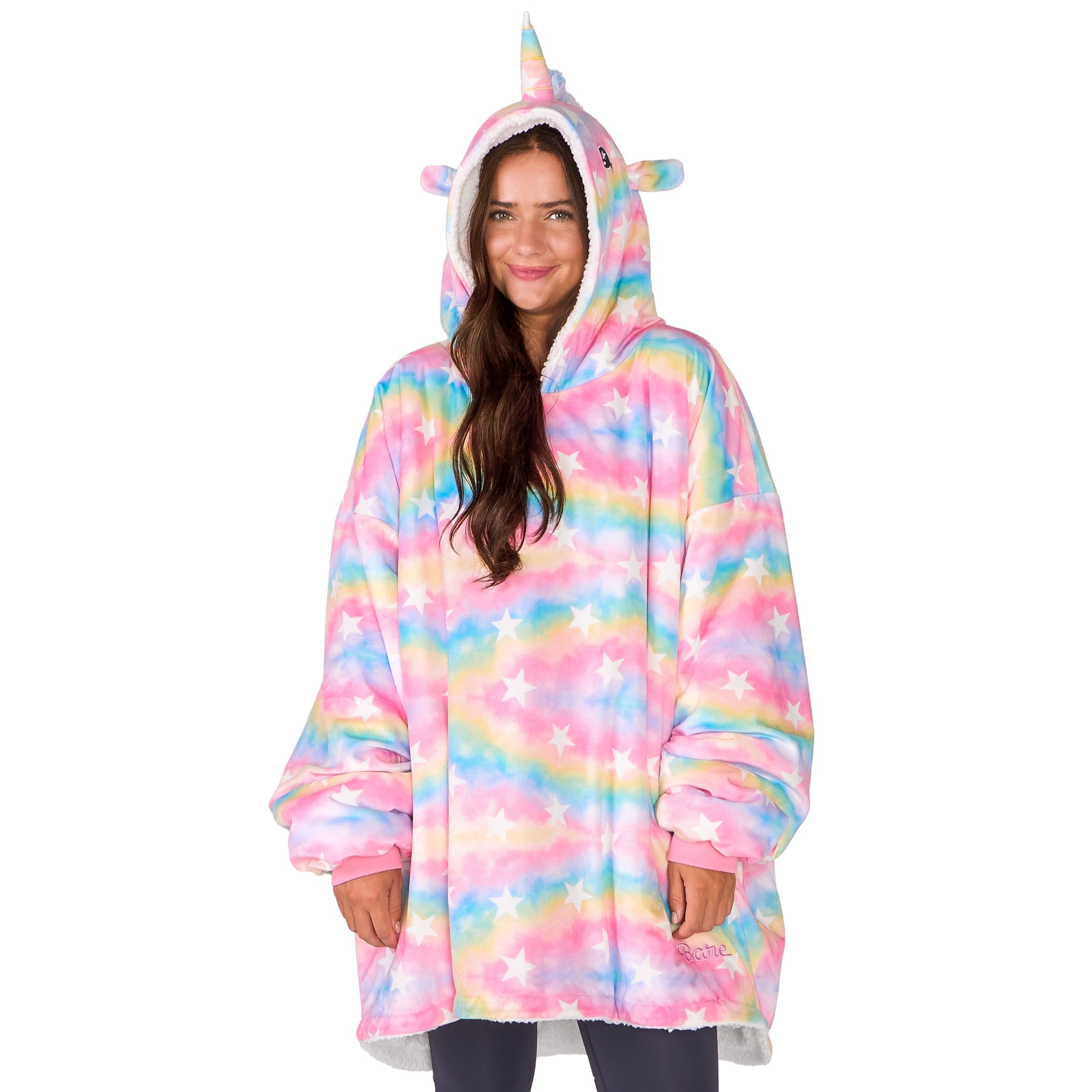 An adult with a sherpa wearable blanket on