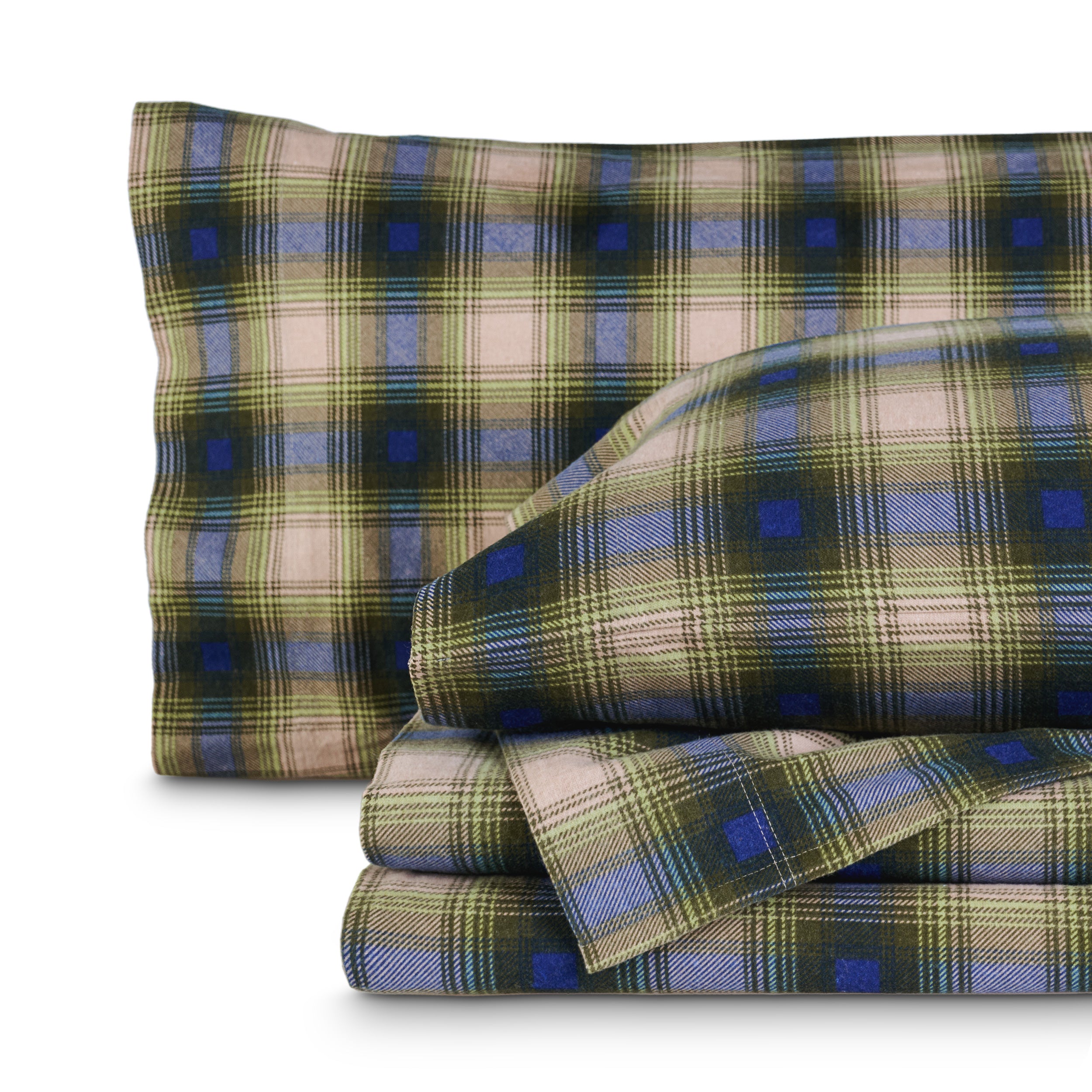 Printed flannel sheets folded and stacked