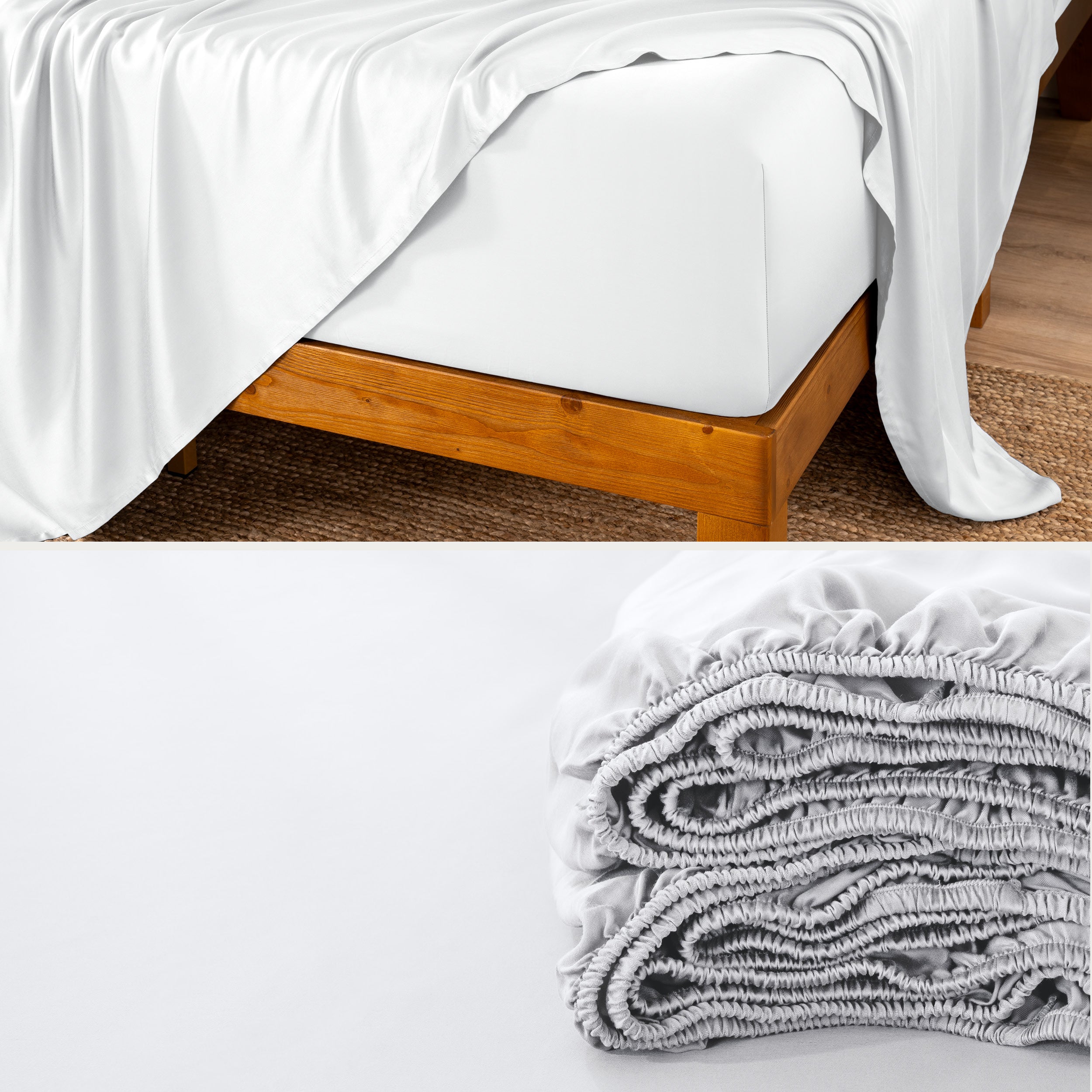 Bamboo fitted sheet on a wooden bed with a close-up of the folded sheet below.