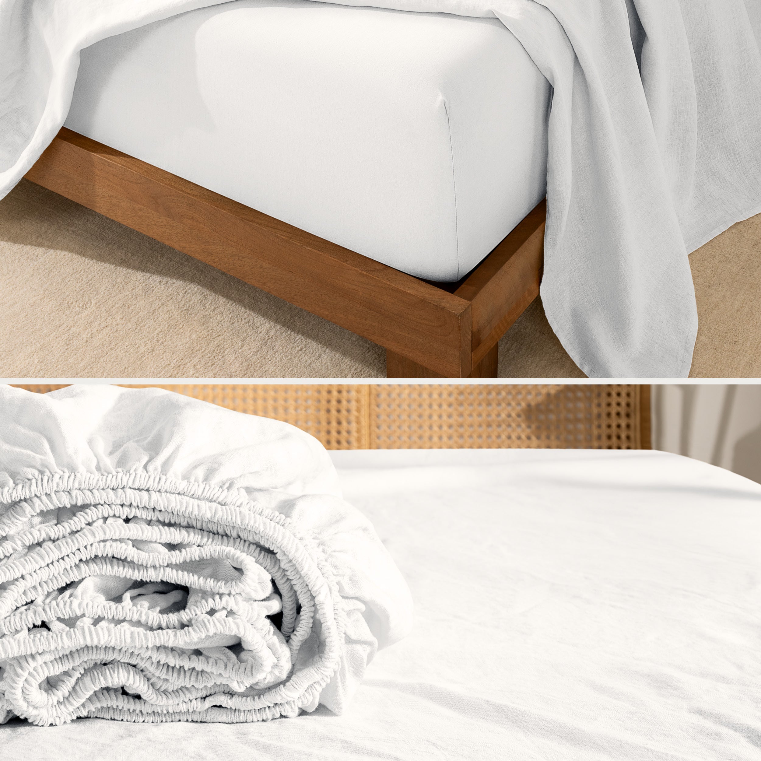 Close up of linen sheet set on a mattress and folded