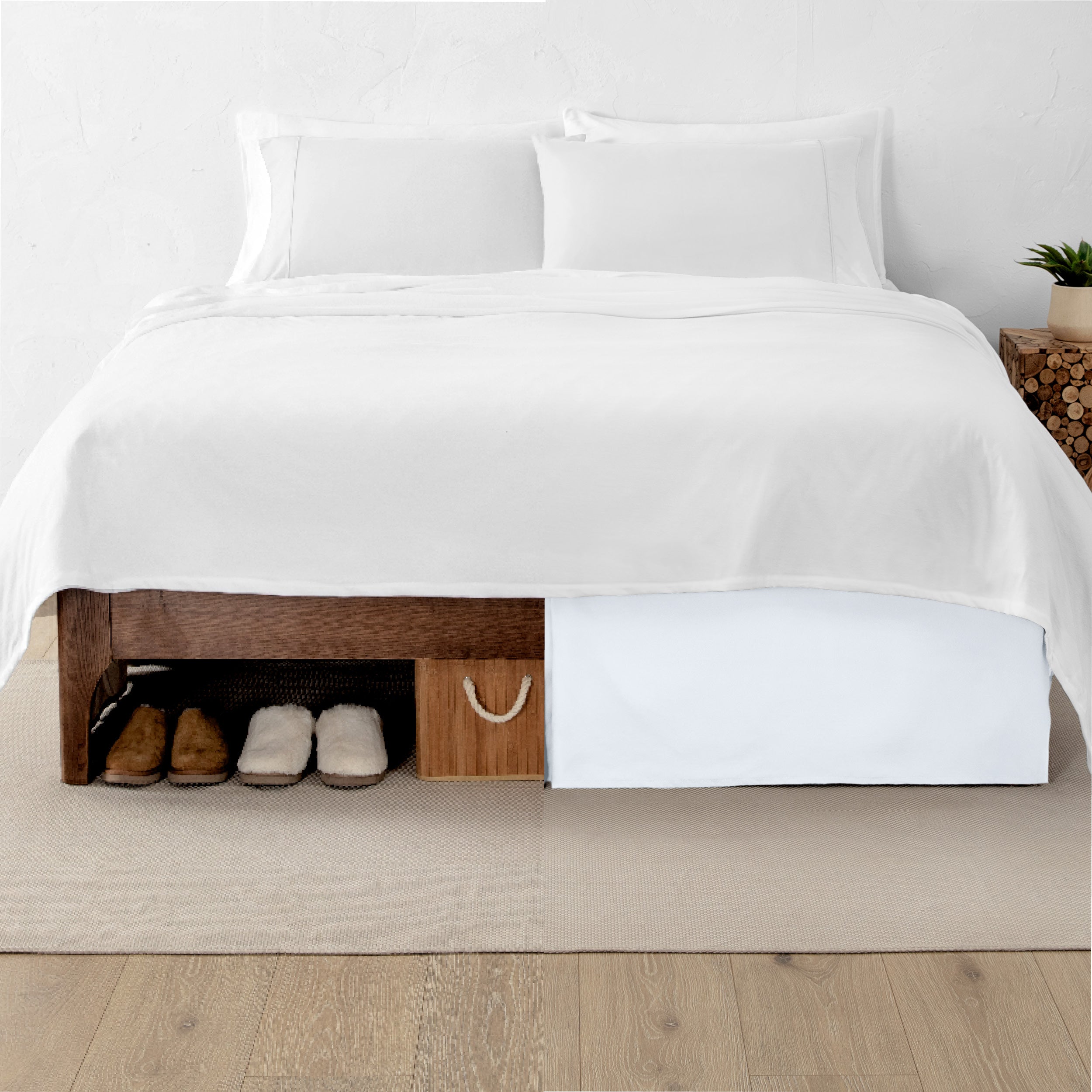 A split image showing a bed without a bed skirt on the left and with a bed skirt on the right.