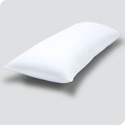 A body pillow cover on a pillow on a plain white background
