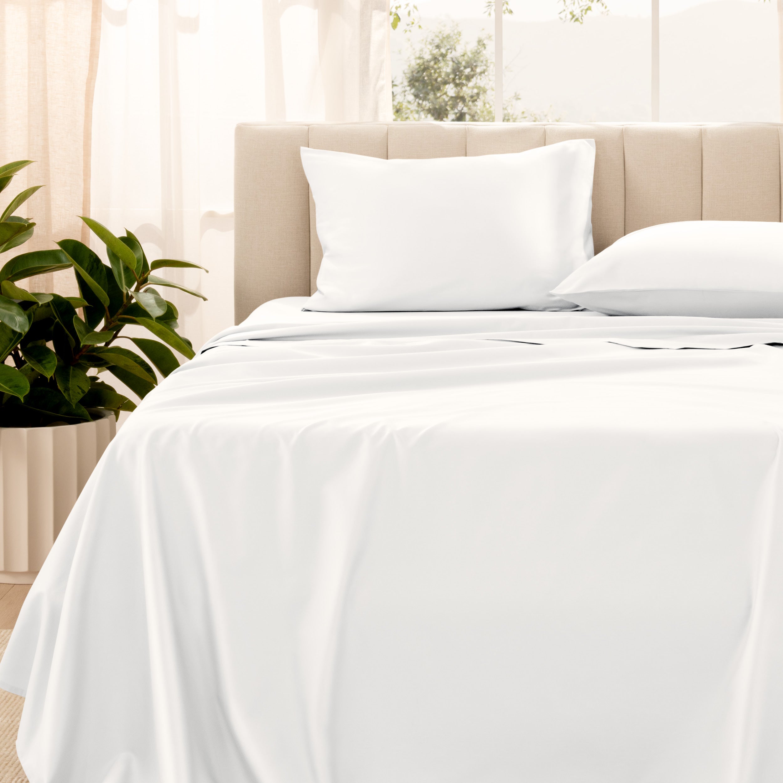 Organic sateen bedding on a bed with a beige headboard and plant in the corner.