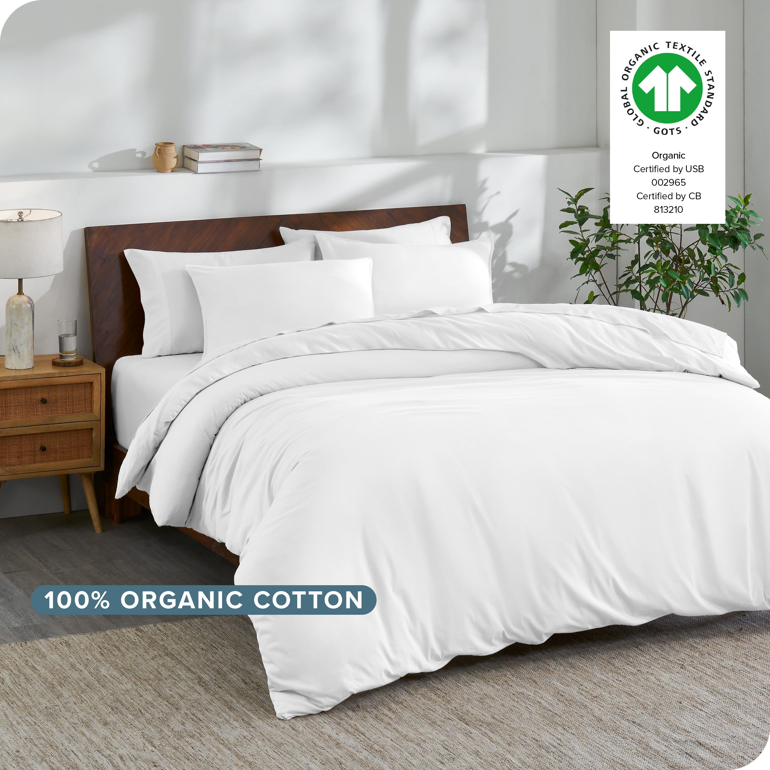 A modern bedroom with an organic cotton duvet set on the bed