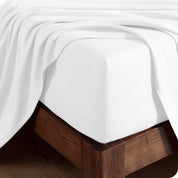 Close up of the corner of a mattress with a fitted sheet and flat sheet on it