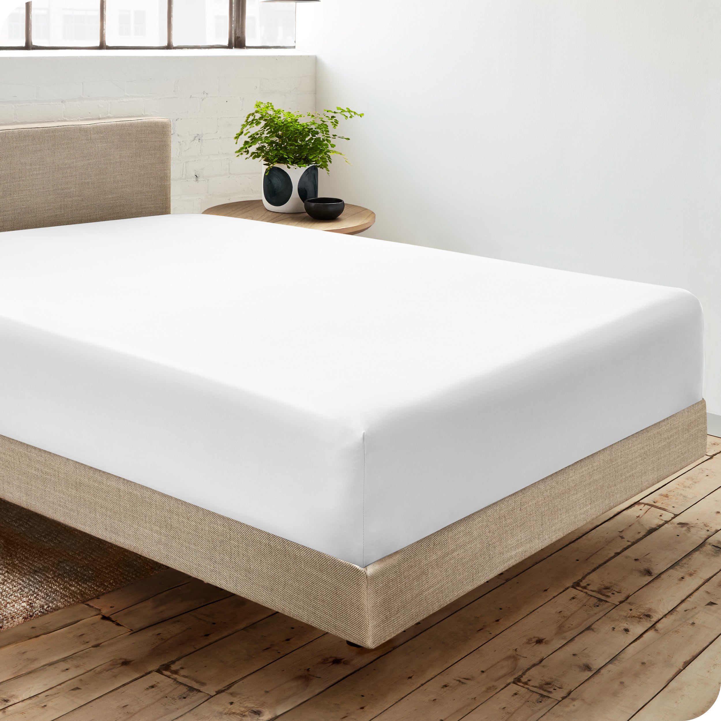 A single organic cotton fitted sheet on a bed