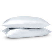 Two pillows on a white background with satin pillowcases on them.