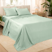 Diagonal view of a decorated room scene with sateen sheets