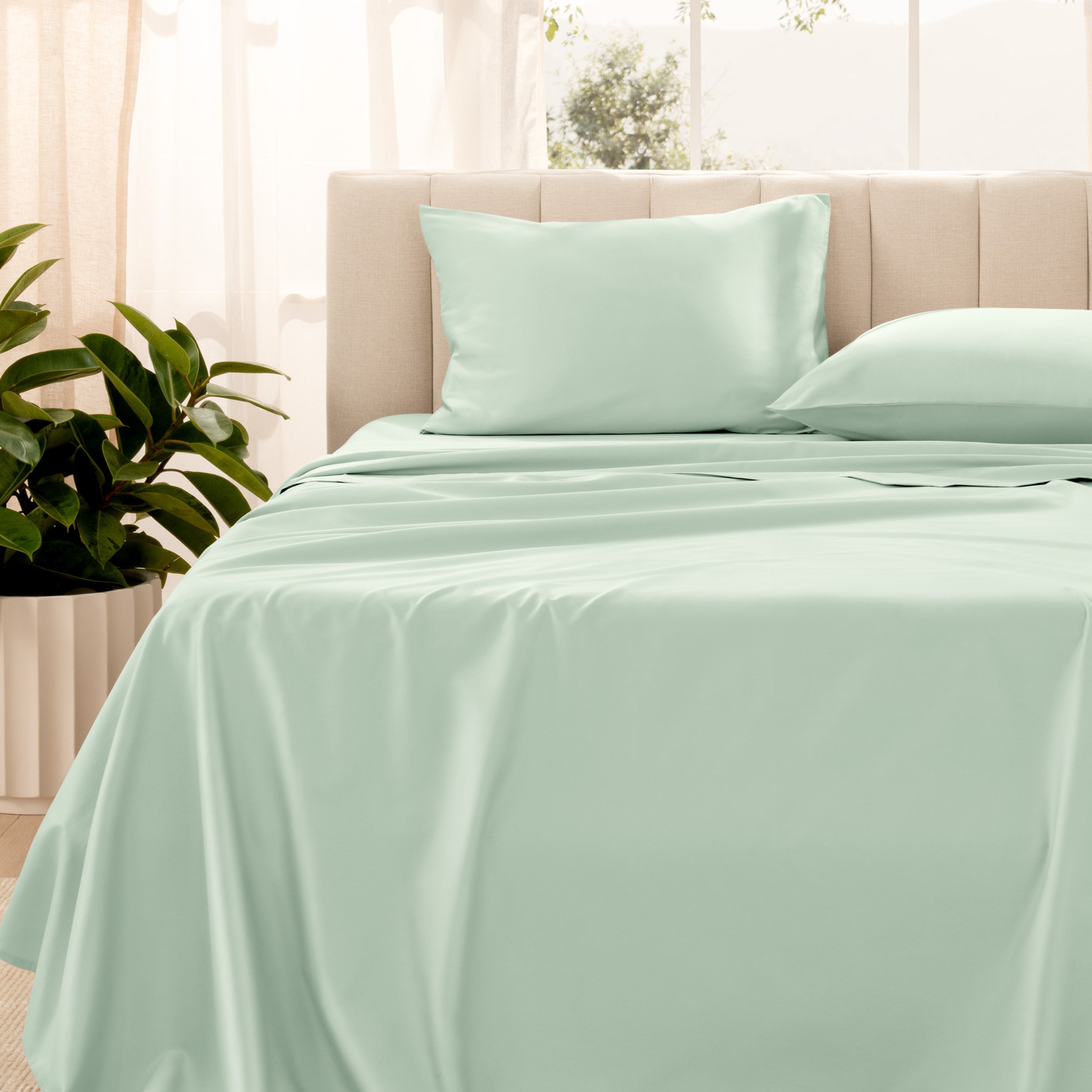 Organic sateen bedding on a bed with a beige headboard and plant in the corner.