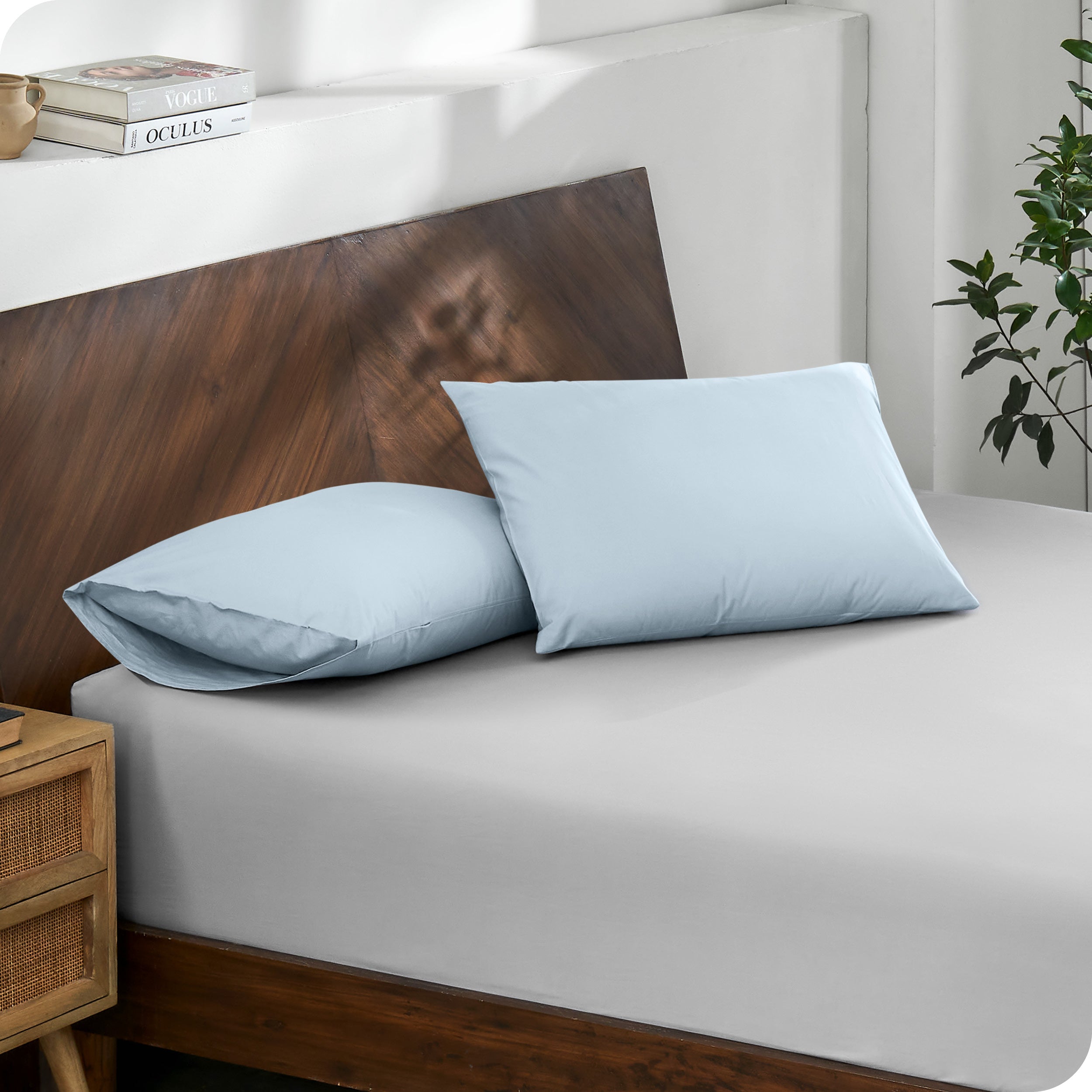 2 pillows with percale pillowcases on a bed