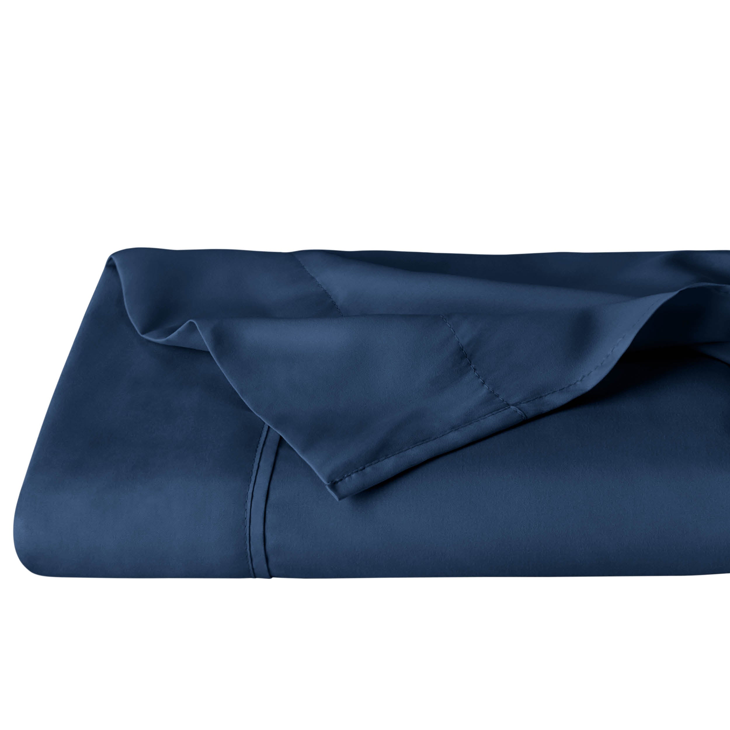 A folded dark blue microfiber flat sheet.