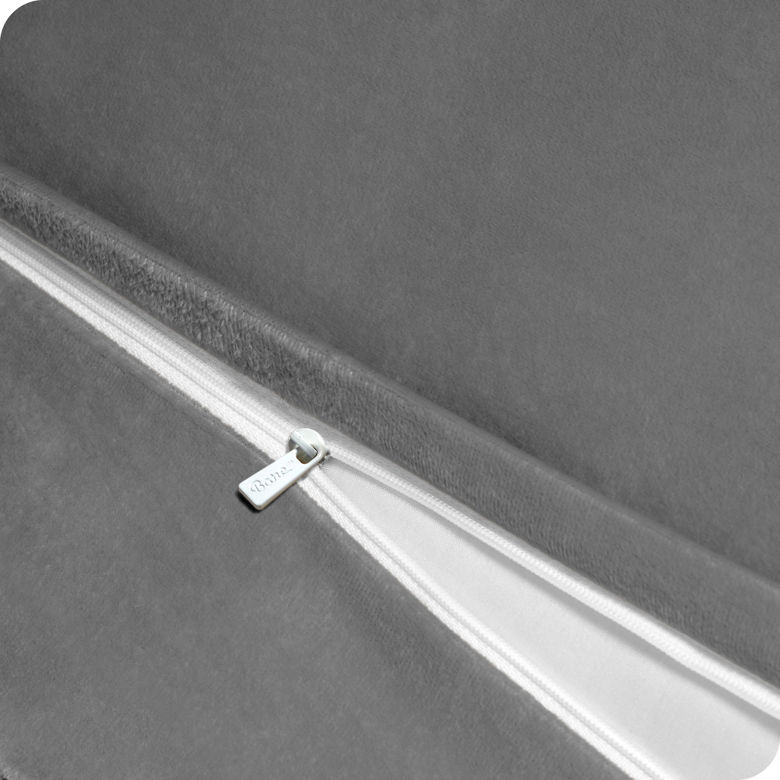 Close up of the zipper on a shaggy duvet cover