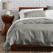 A modern bed with a organic cotton percale duvet cover on.