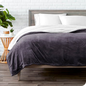 Purple Sherpa Blanket laying on a bed folded over itself part way