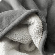 Close up of sherpa blanket showing texture of velvety soft side and sherpa backing