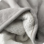 Close up of sherpa blanket showing texture of velvety soft side and sherpa backing