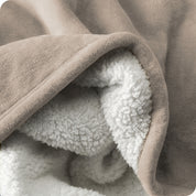 Close up of sherpa blanket showing texture of velvety soft side and sherpa backing