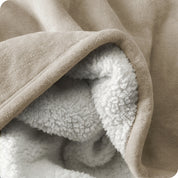 Close up of sherpa blanket showing texture of velvety soft side and sherpa backing