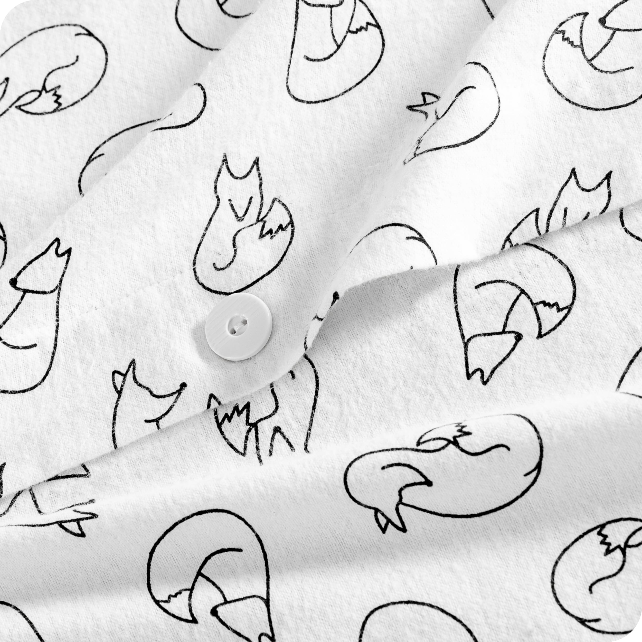 A close up of the flannel duvet cover showing the button, lining, texture, and pattern.